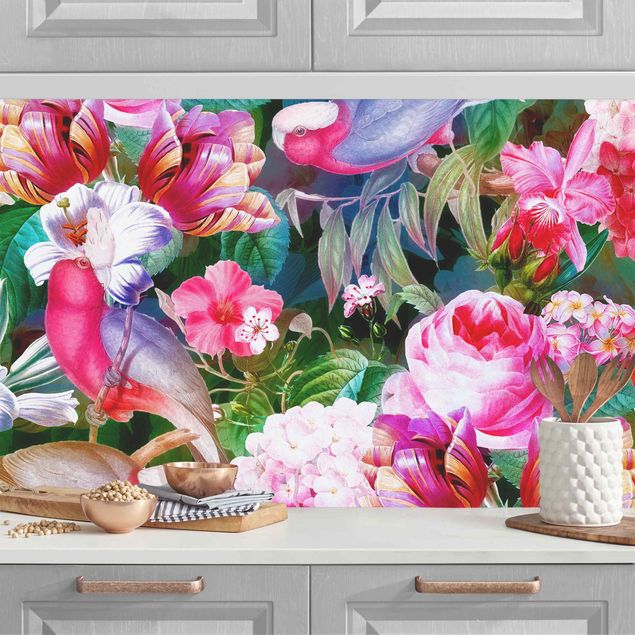 Achterwand voor keuken bloemen Colourful Tropical Flowers With Birds Pink