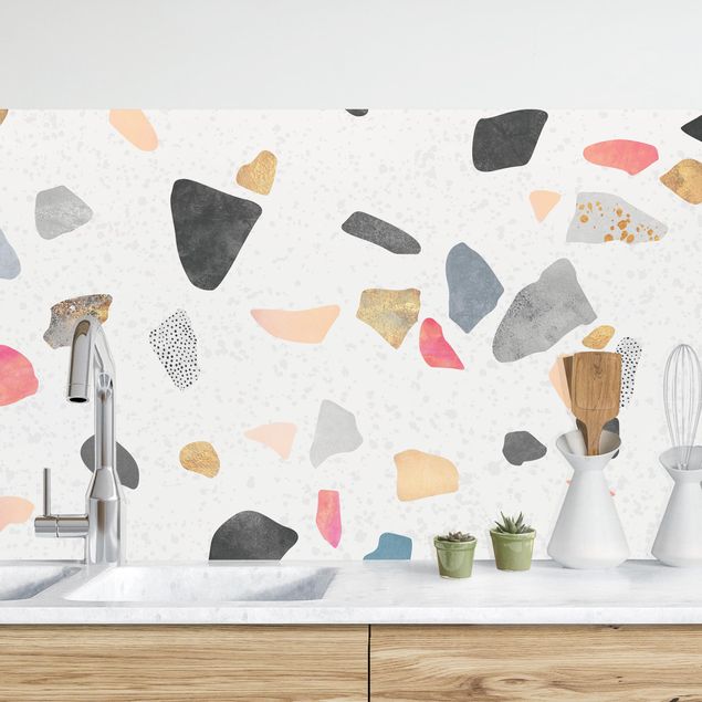 Achterwand voor keuken patroon White Terrazzo With Gold Stones II