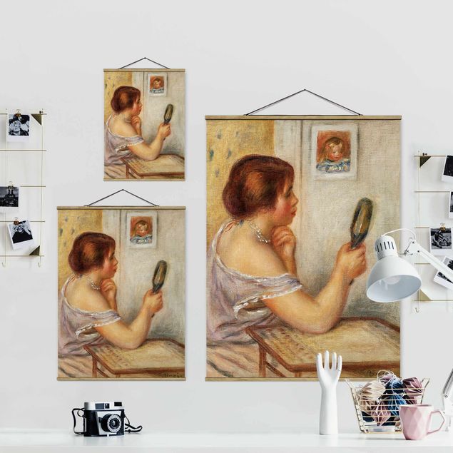 Stoffen schilderij met posterlijst Auguste Renoir - Gabrielle holding a Mirror or Marie Dupuis holding a Mirror with a Portrait of Coco