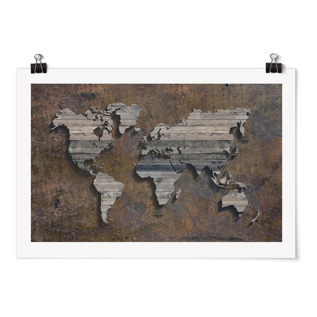 Posters Wooden Grid World Map