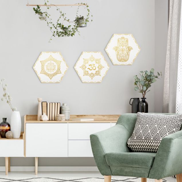 Hexagons Aluminium Dibond schilderijen - 3-delig Hamsa Hand Lotus OM Illustration Set Gold