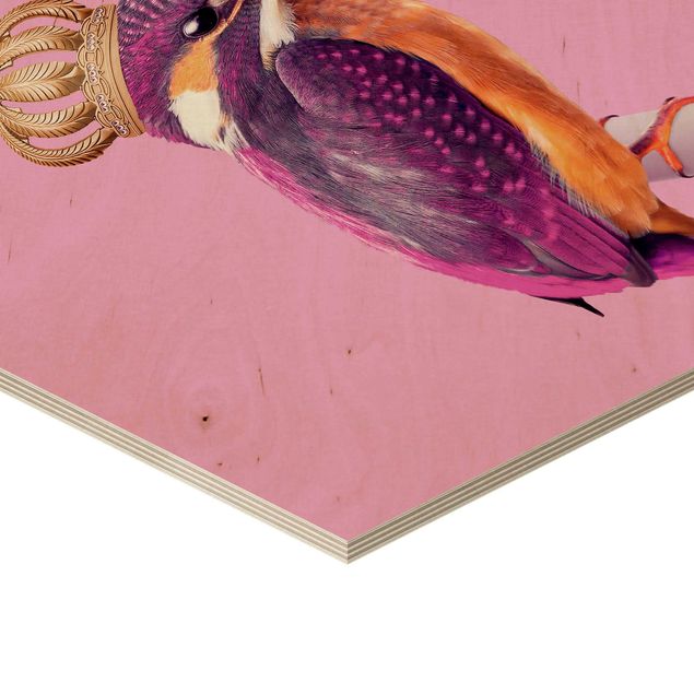 Hexagons houten schilderijen Pink Kingfisher With Crown