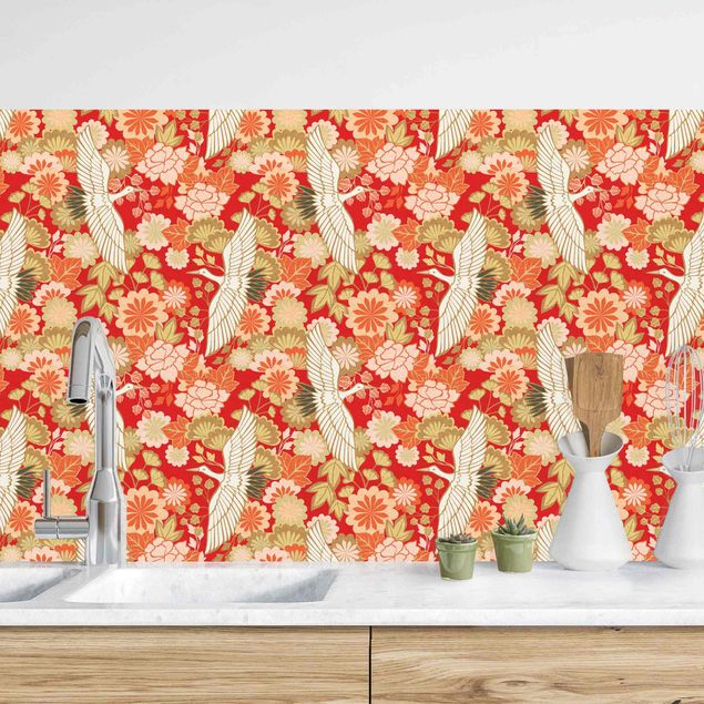 Achterwand voor keuken bloemen Cranes And Chrysanthemums Red