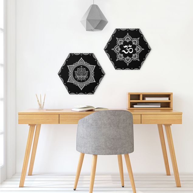 Hexagons Aluminium Dibond schilderijen - 2-delig Lotus OM Illustration Set Black