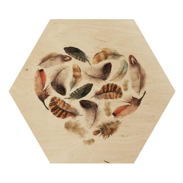 Hexagons houten schilderijen Heart Of Feathers
