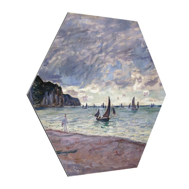 Hexagons Aluminium Dibond schilderijen Claude Monet - Fishing Boats In Front Of The Beach And Cliffs Of Pourville