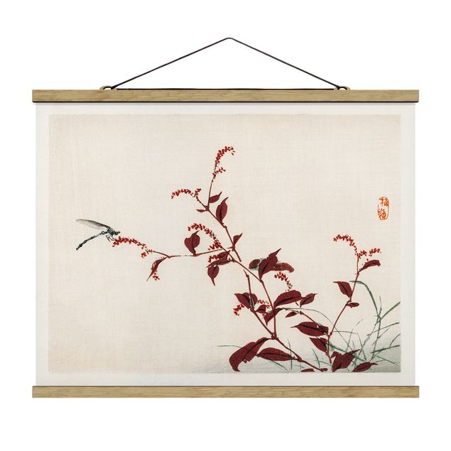 Stoffen schilderij met posterlijst Asian Vintage Drawing Red Branch With Dragonfly