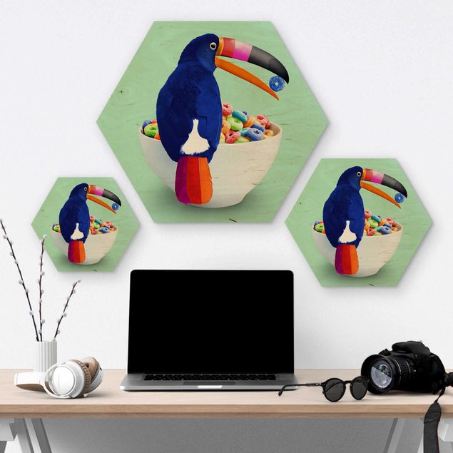 Hexagons houten schilderijen Breakfast With Toucan