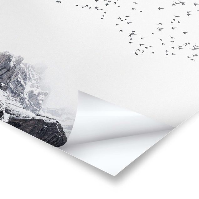 Posters Flock Of Birds In Front Of Mountains Black And White