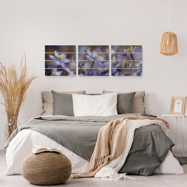 Houten schilderijen op plank - 3-delig Anemone In Blue