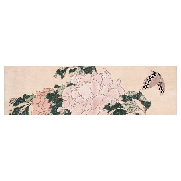 Keukenachterwanden Katsushika Hokusai - Pink Peonies With Butterfly