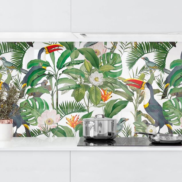 Achterwand voor keuken bloemen Tropical Toucan With Monstera And Palm Leaves