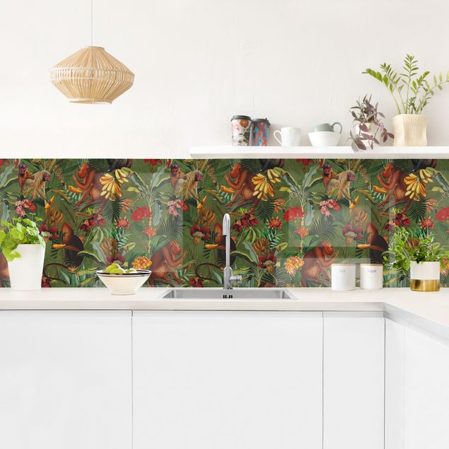 Achterwand voor keuken patroon Tropical Flowers With Monkeys