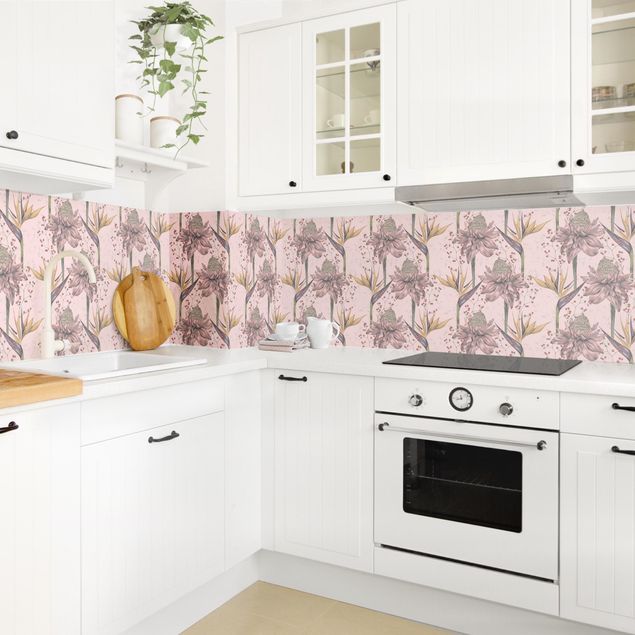 Achterwand voor keuken Floral Elegance Vintage Strelitzia On Pink Backdrop XXL