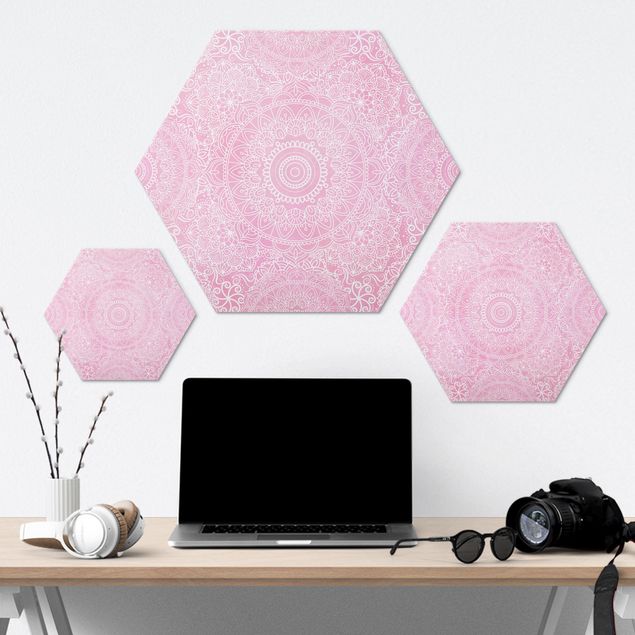 Hexagons Aluminium Dibond schilderijen Pattern Mandala Light Pink
