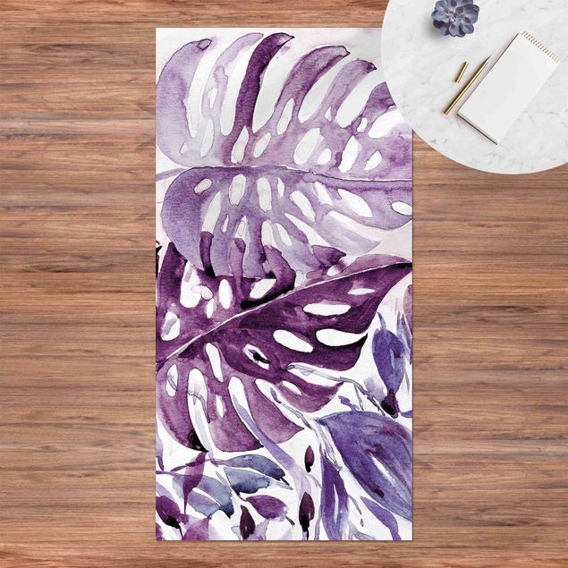 lopers Watercolour Tropical Leaves With Monstera In Aubergine