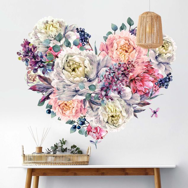 Muurstickers Watercolour Heart Blossoms Bouquet XXL