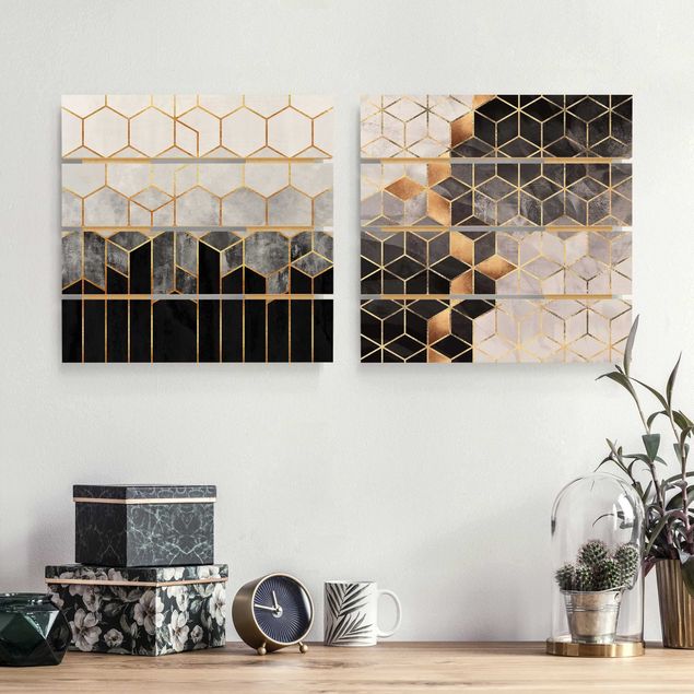 Houten schilderijen op plank - 2-delig Golden Geometry Watercolour Set