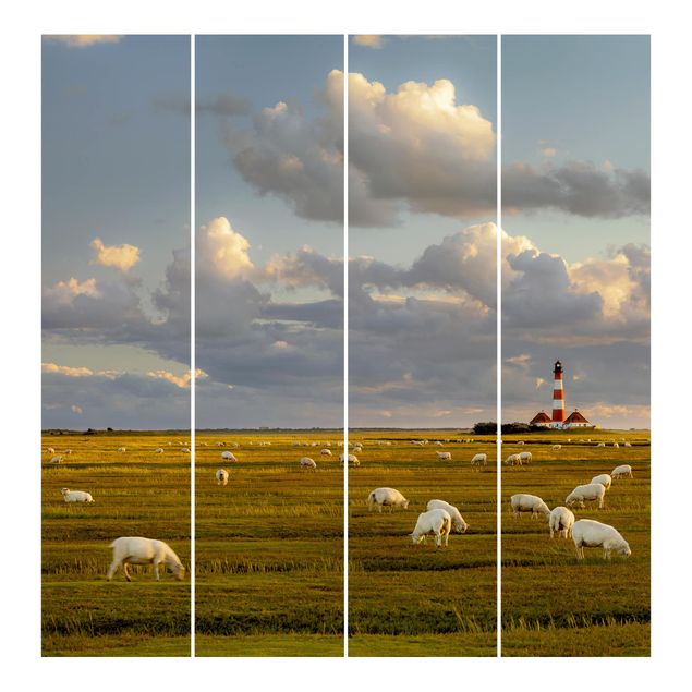 Schuifgordijnen North Sea Lighthouse With Flock Of Sheep
