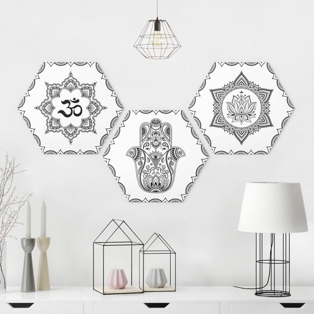 Hexagons Forex schilderijen - 3-delig Hamsa Hand Lotus OM Illustration Set Black And White