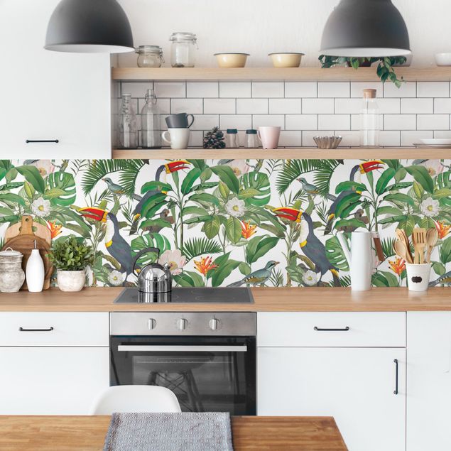 Achterwand in keuken Tropical Toucan With Monstera And Palm Leaves