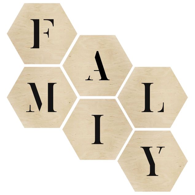 Hexagons houten schilderijen - 6-delig Letters FAMILY Black Set II