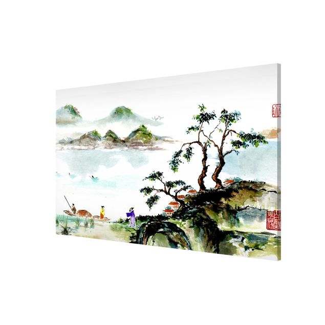 Magneetborden Japanese Watercolour Drawing Lake And Mountains