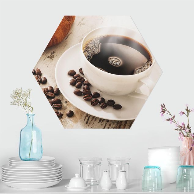 Hexagons Forex schilderijen Steaming coffee cup with coffee beans