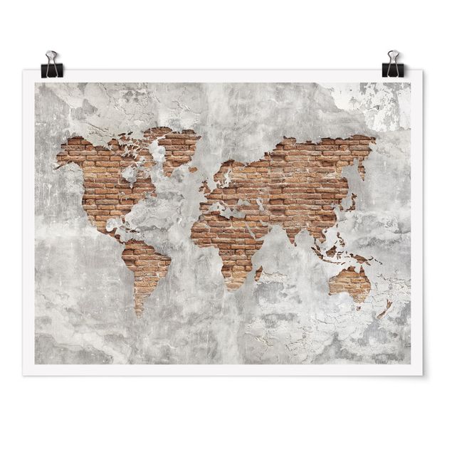 Posters Shabby Concrete Brick World Map