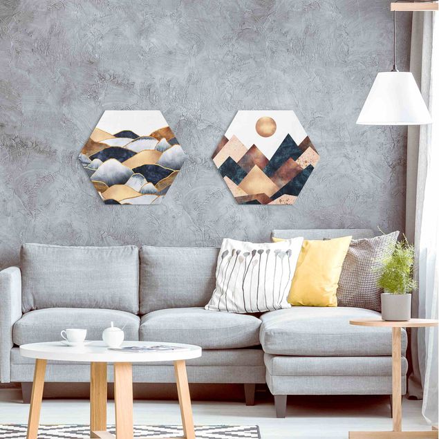 Hexagons Aluminium Dibond schilderijen - 2-delig Geometric & Golden Mountains Watercolour