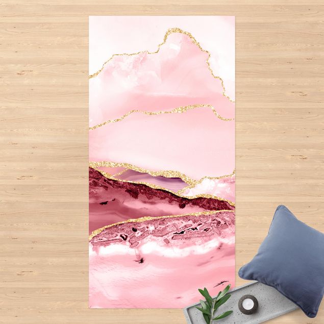 Loper tapijt Abstract Mountains Pink With Golden Lines