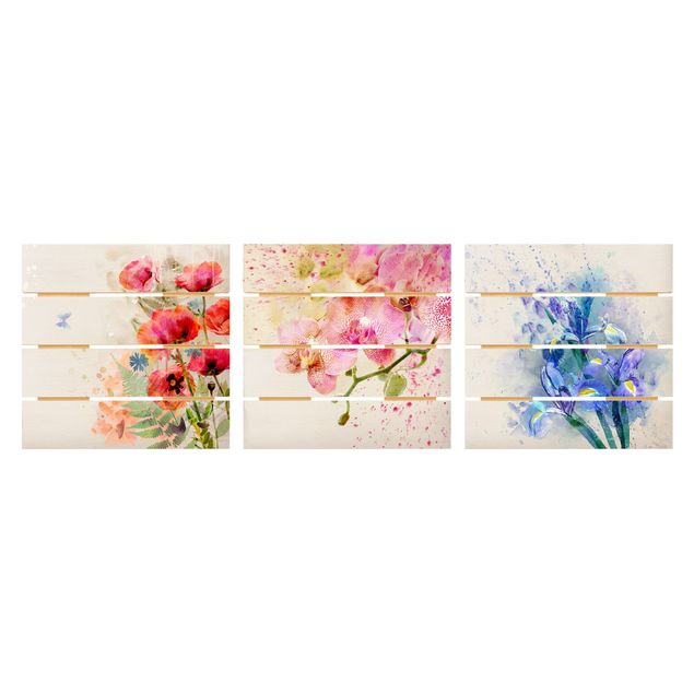 Houten schilderijen op plank - 3-delig Watercolour Flower Trio