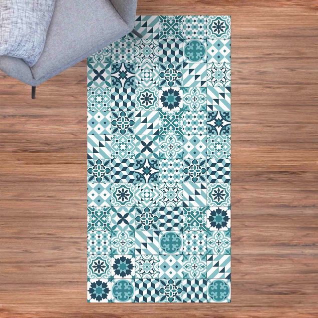 Loper tapijt Geometrical Tile Mix Turquoise
