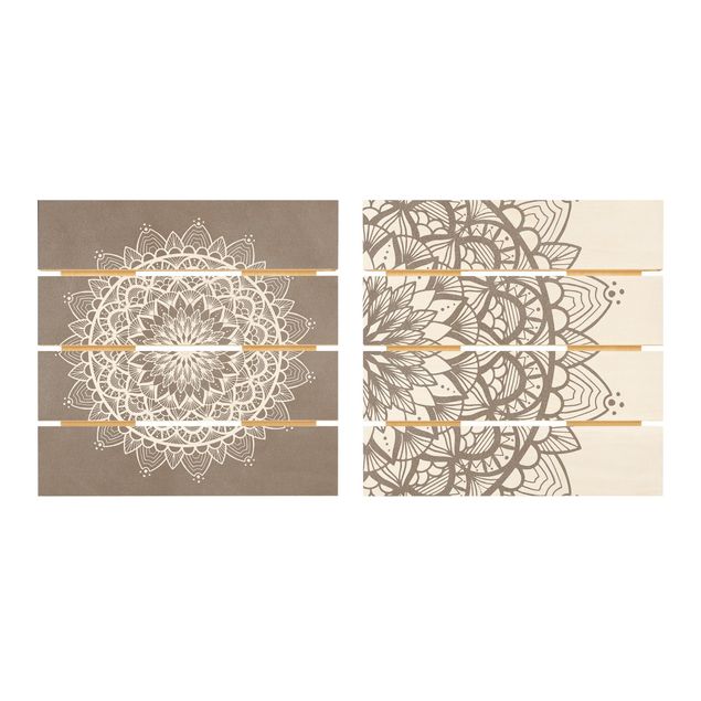 Houten schilderijen op plank - 2-delig Mandala Illustration Shabby Set Beige White
