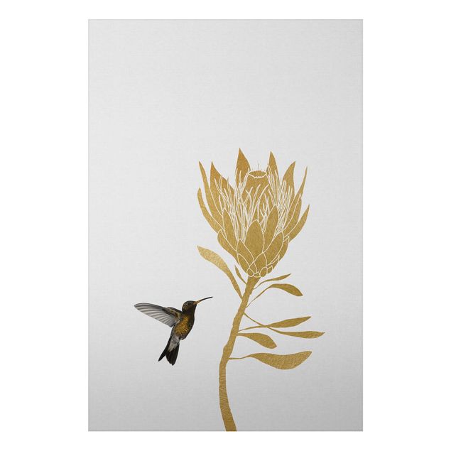 Aluminium Dibond schilderijen Hummingbird And Tropical Golden Blossom