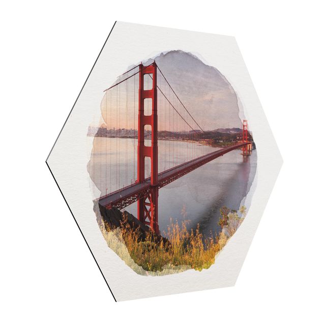Hexagons Aluminium Dibond schilderijen WaterColours - Golden Gate Bridge In San Francisco