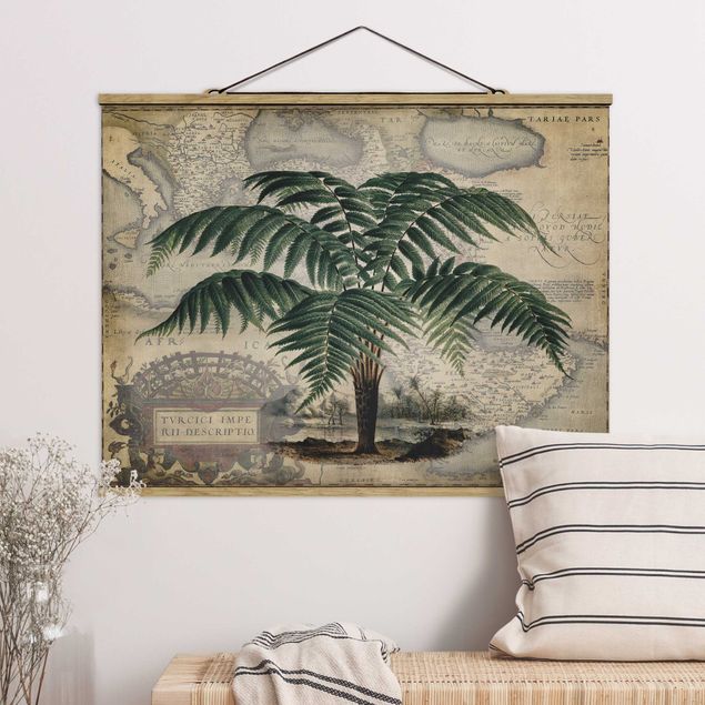 Stoffen schilderij met posterlijst Vintage Collage - Palm And World Map