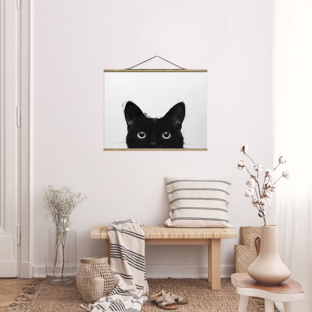 Stoffen schilderij met posterlijst Illustration Black Cat On White Painting