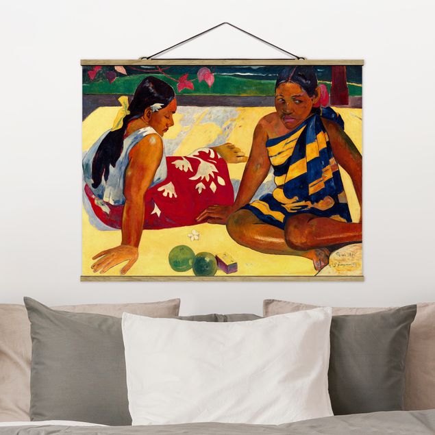 Stoffen schilderij met posterlijst Paul Gauguin - Parau Api (Two Women Of Tahiti)