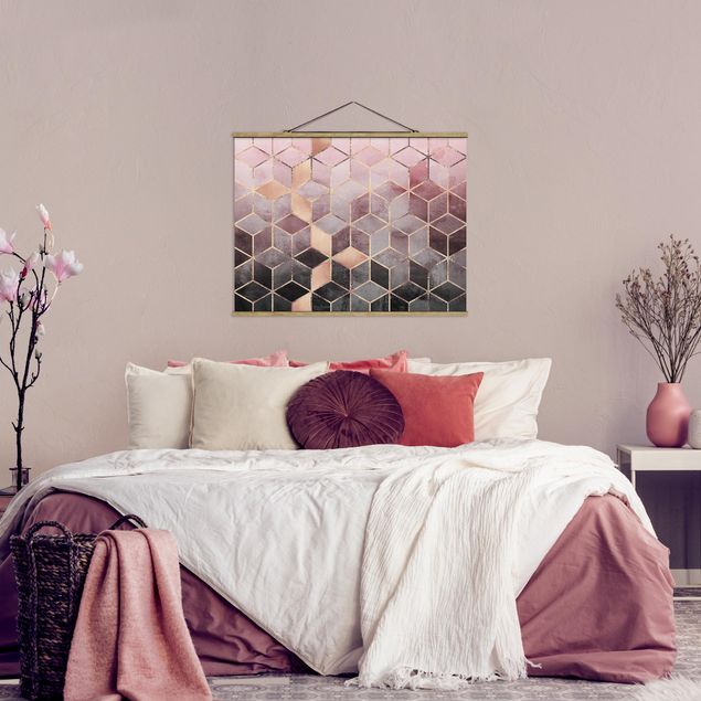 Stoffen schilderij met posterlijst Pink Grey Golden Geometry
