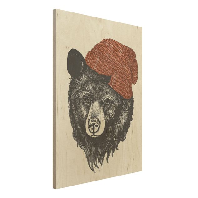Houten schilderijen Illustration Bear With Red Cap Drawing