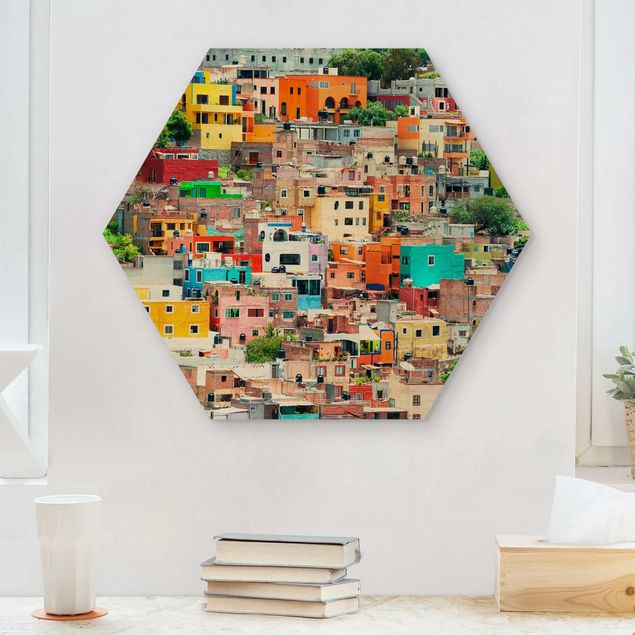 Hexagons houten schilderijen Coloured Houses Front Guanajuato
