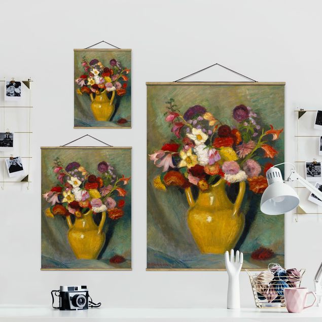 Stoffen schilderij met posterlijst Otto Modersohn - Colourful Bouquet in Yellow Clay Jug