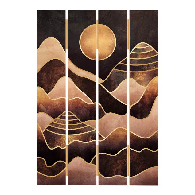 Houten schilderijen op plank Golden Sun Abstract Mountains