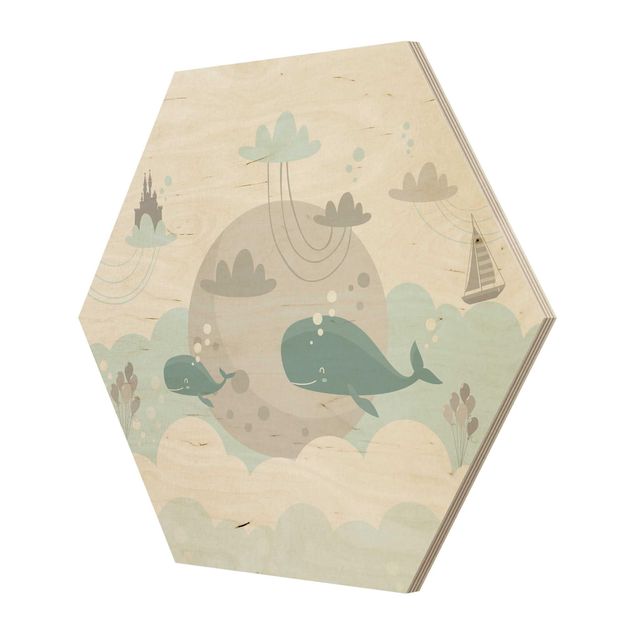 Hexagons houten schilderijen Clouds With Whale And Castle
