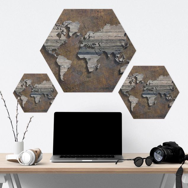 Hexagons Forex schilderijen Wooden Grid World Map