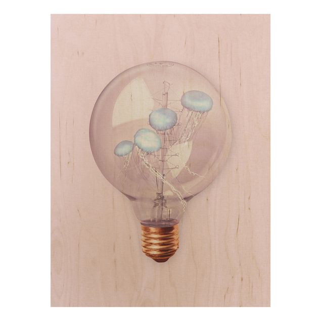 Houten schilderijen Light Bulb With Jellyfish
