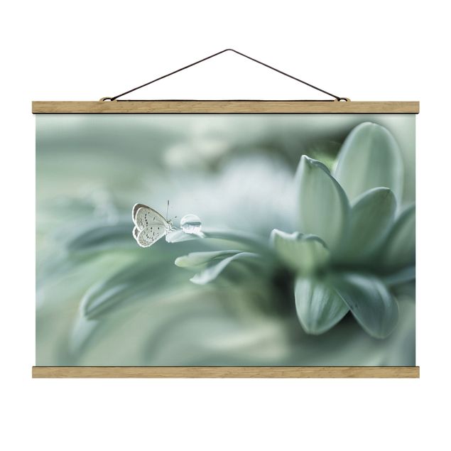 Stoffen schilderij met posterlijst Butterfly And Dew Drops In Pastel Green