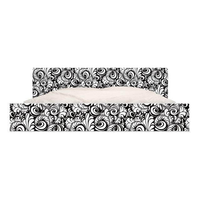 Meubelfolie IKEA Malm Bed Black And White Leaves Pattern