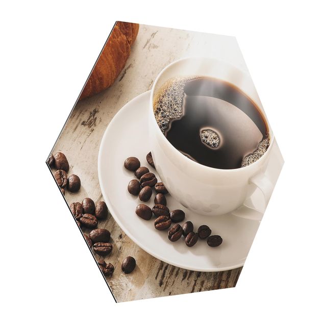 Hexagons Aluminium Dibond schilderijen Steaming coffee cup with coffee beans